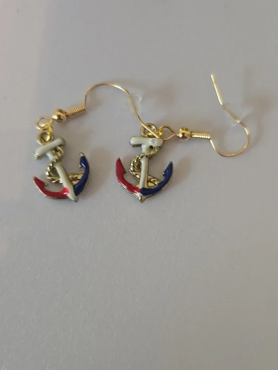 Patriotic Rhinestone Bracelet & Handmade Anchor Earrings Set Red White Blue USA - Picture 6 of 7